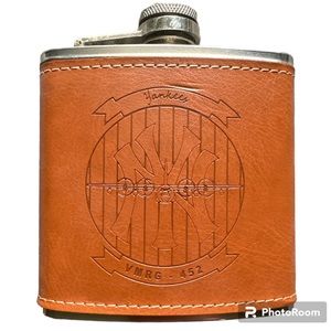 NEW- USMC Marines New York Yankees Brown Leather Stainless Steel Flask